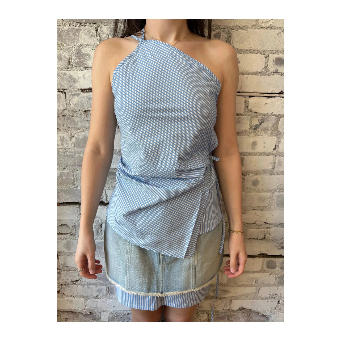 Women's cotton poplin wrap top in cornflower blue with long sleeves, stylish and comfortable for casual wear.