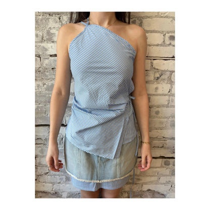 Women's cotton poplin wrap top in cornflower blue with long sleeves, stylish and comfortable for casual wear.