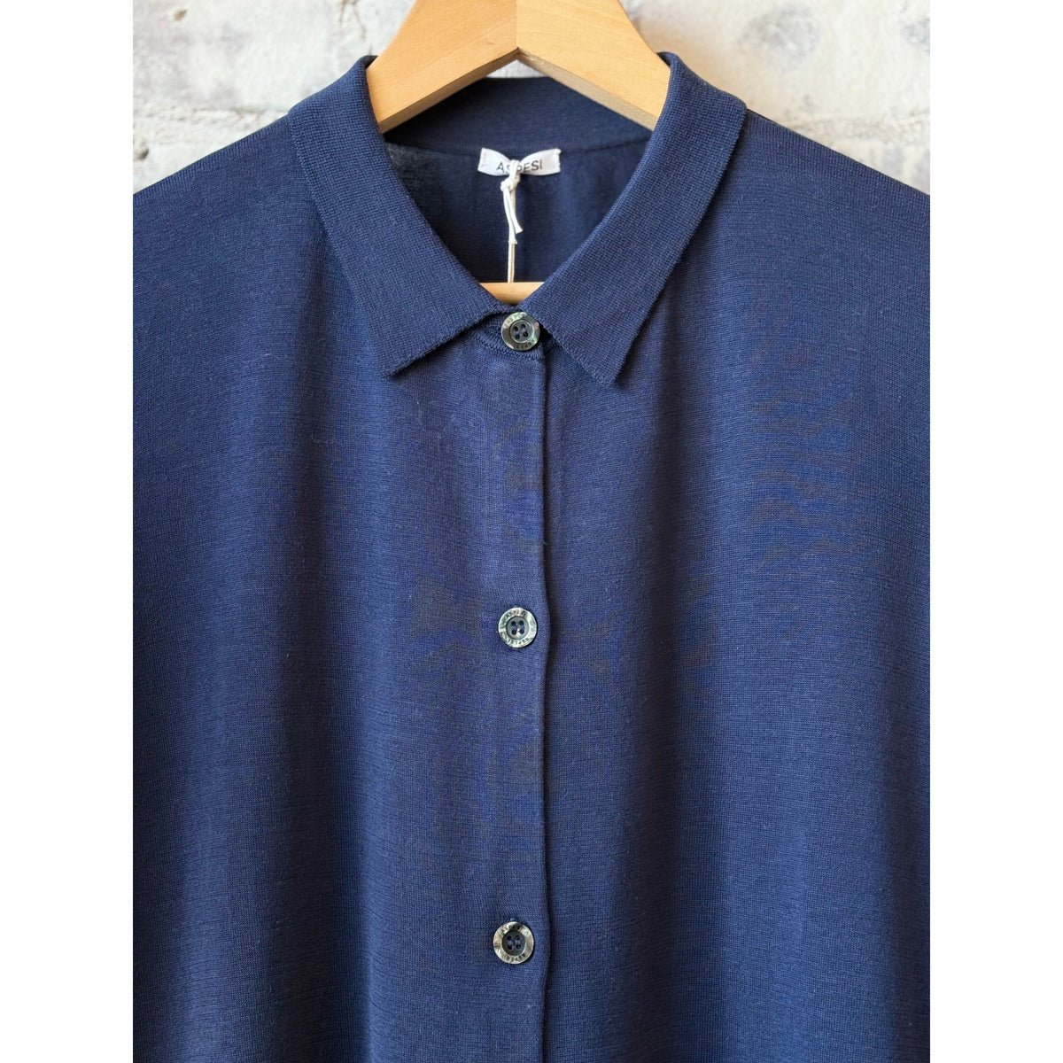Women's navy cotton, silk, and linen cardigan by Aspesi, featuring a soft, lightweight knit and classic fit.