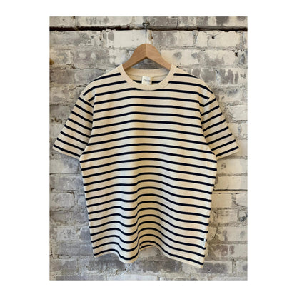 Men's ivory cotton striped T-shirt by Closed Men's, featuring a classic crew neck and horizontal stripe pattern.