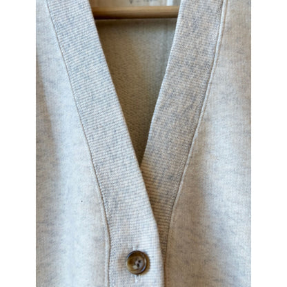 Women's V::Room cotton Tencel brushed fleece long sleeve cardigan in oatmeal, showing cozy, soft fabric and relaxed fit.