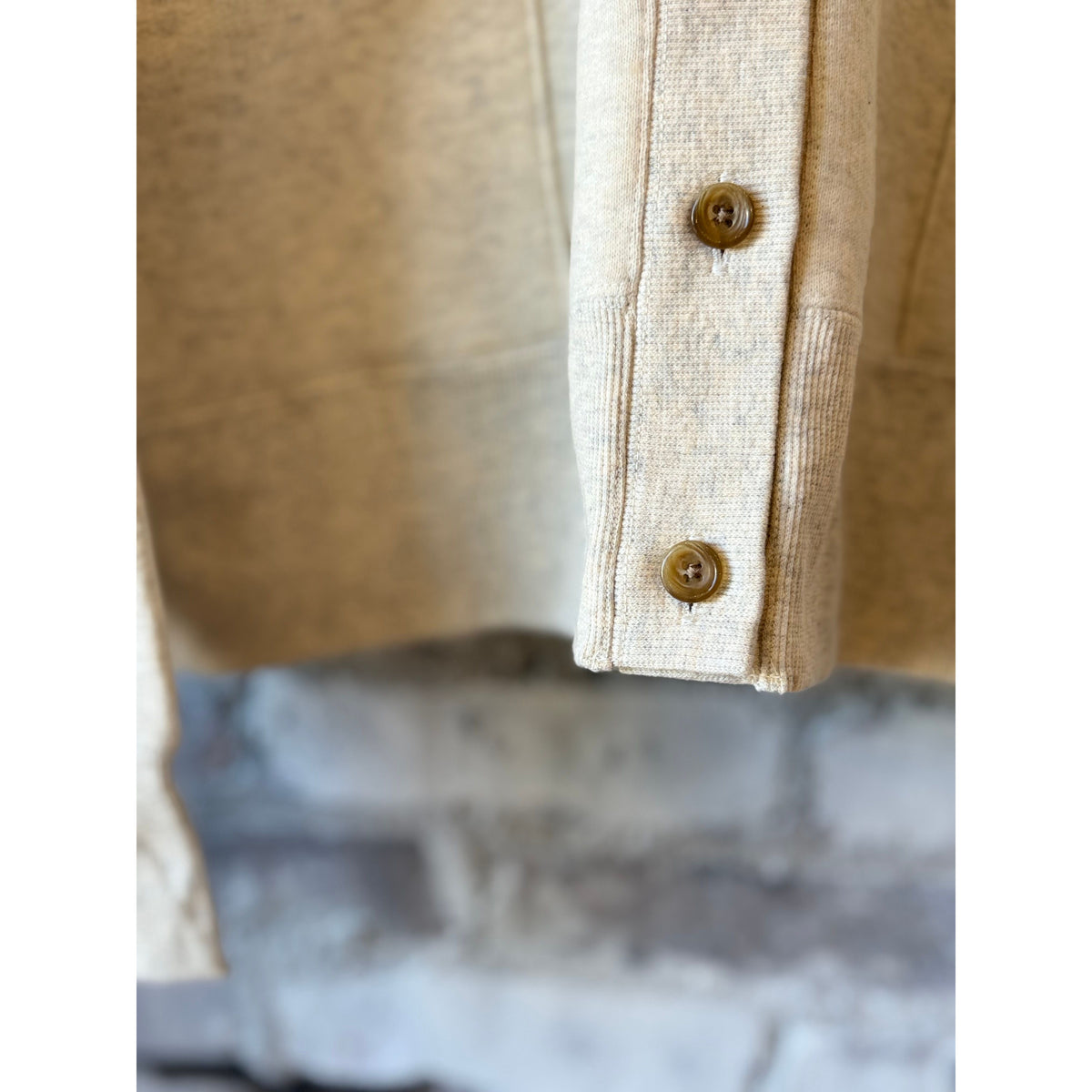 Women's cotton Tencel brushed fleece long-sleeve cardigan in oatmeal, cozy and soft, by V::Room.