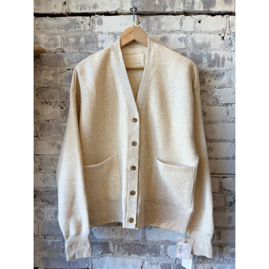 Women's V::Room Cotton Tencel Brushed Fleece Long Sleeve Cardigan in oatmeal, soft, cozy knit with a relaxed fit.