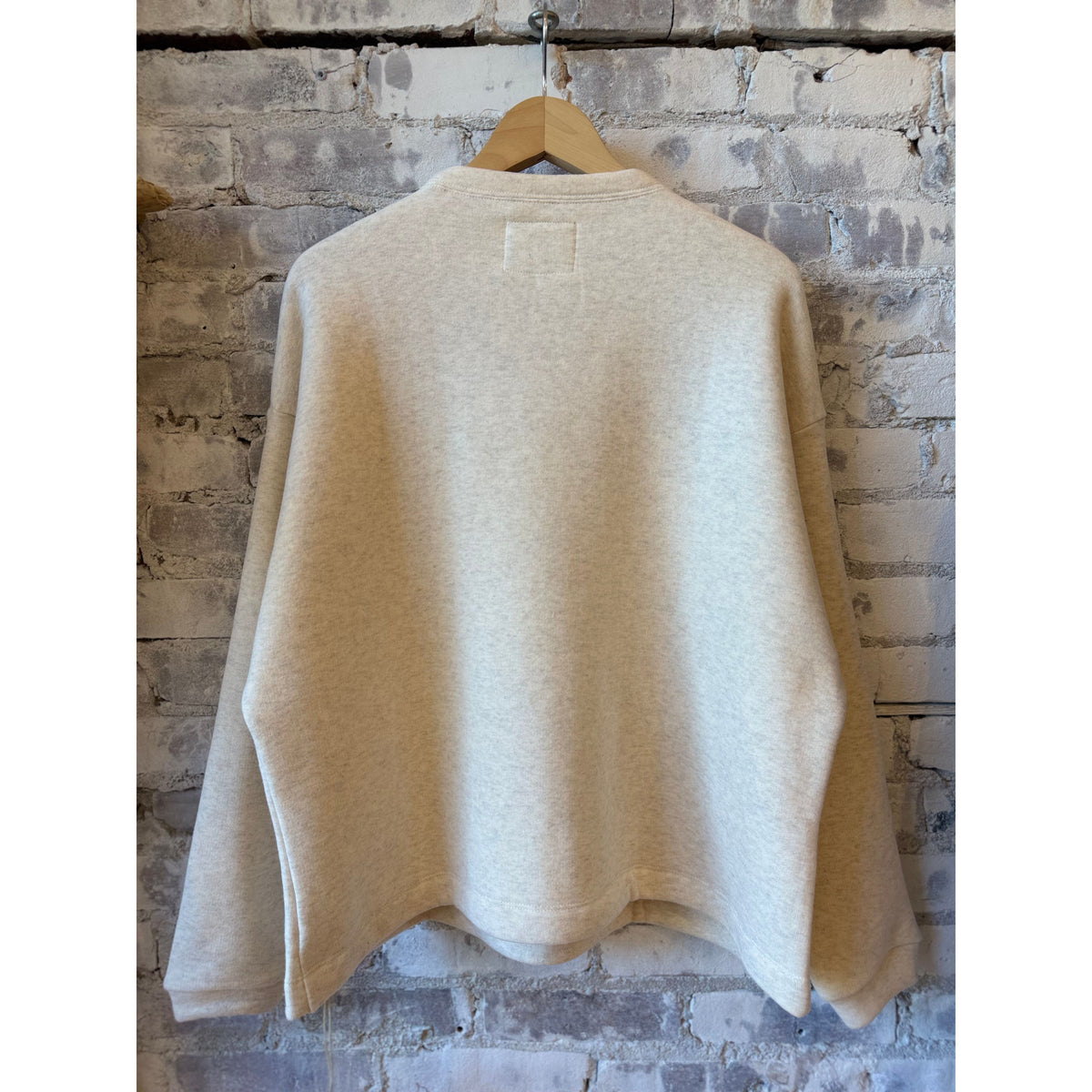 Women's oversized V::Room cotton Tencel brushed fleece long sleeve crew in oatmeal, showcasing the cozy, relaxed fit and soft fabric.