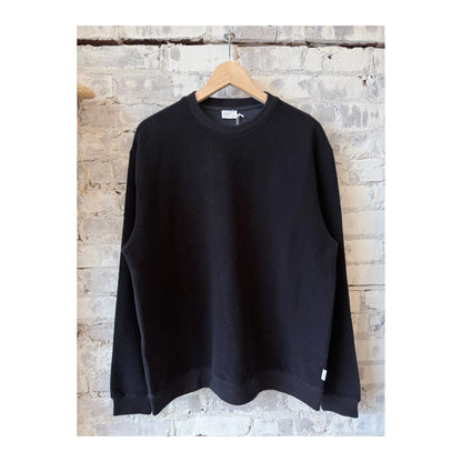 Men's navy cotton and wool crewneck jumper by 04651, featuring a classic fit and ribbed collar and cuffs.