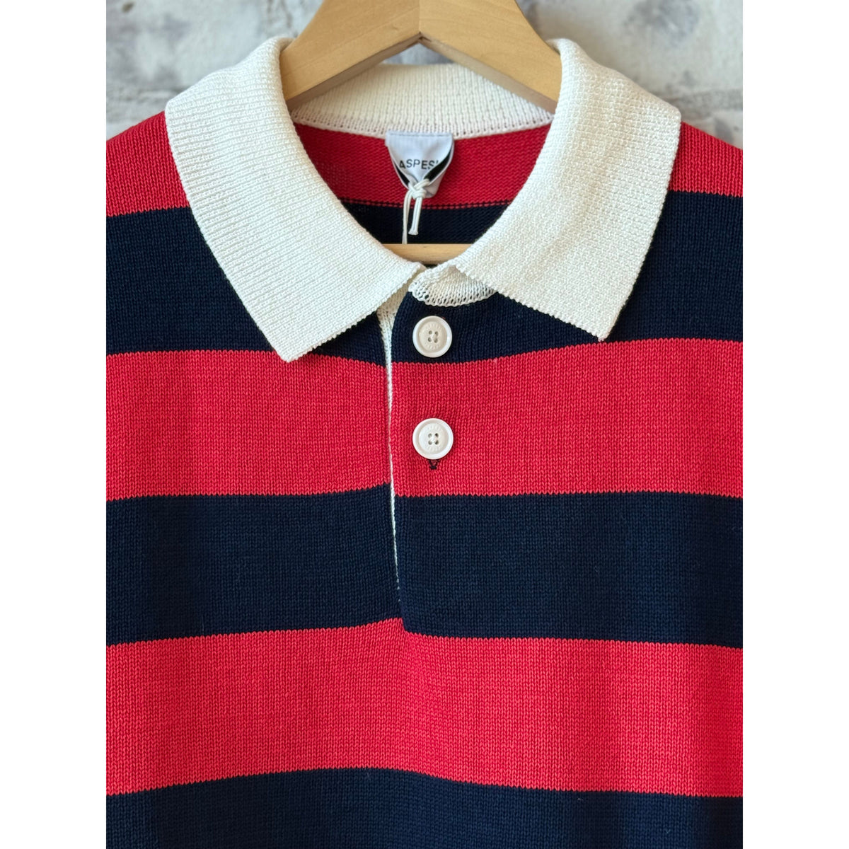 Men's Cotton-Yarn Longsleeve Polo Shirt by Aspesi in red and blue, featuring a classic collar and button placket.