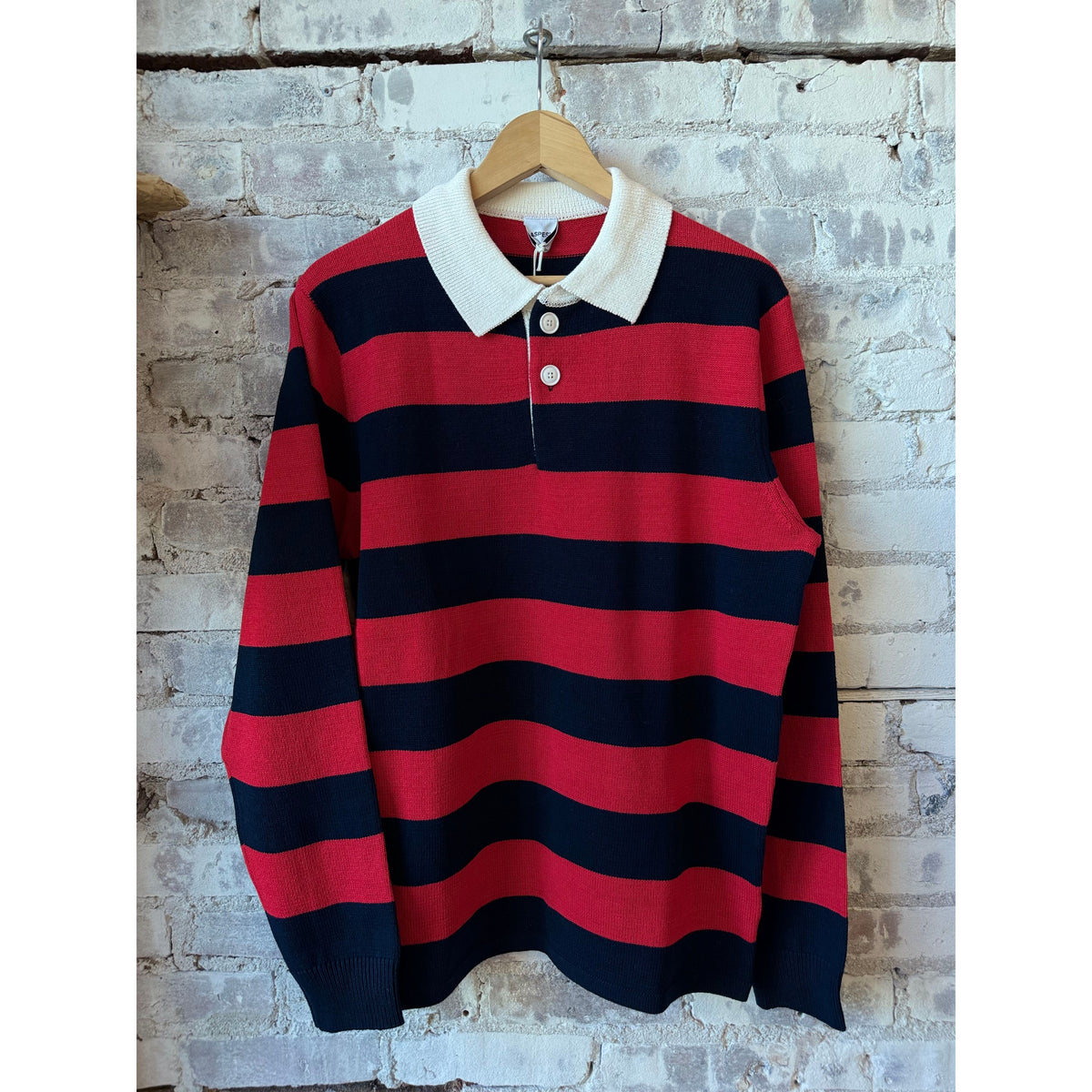 Men's Cotton-Yarn Longsleeve Polo Shirt by Aspesi in red and blue, featuring a classic collar and button placket.
