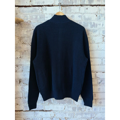 Men's navy cotton yarn zip-up sweater by Aspesi, featuring a front zipper and cozy knit texture.