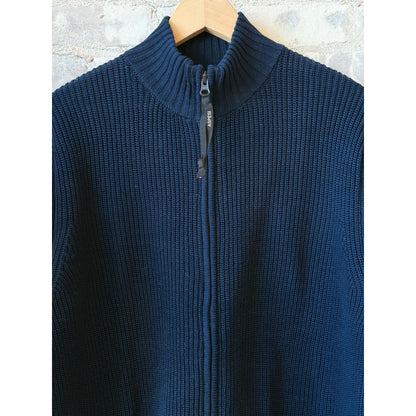Men's navy cotton-yarn zip-up sweater by Aspesi, featuring a high collar and ribbed cuffs, displayed on a hanger.