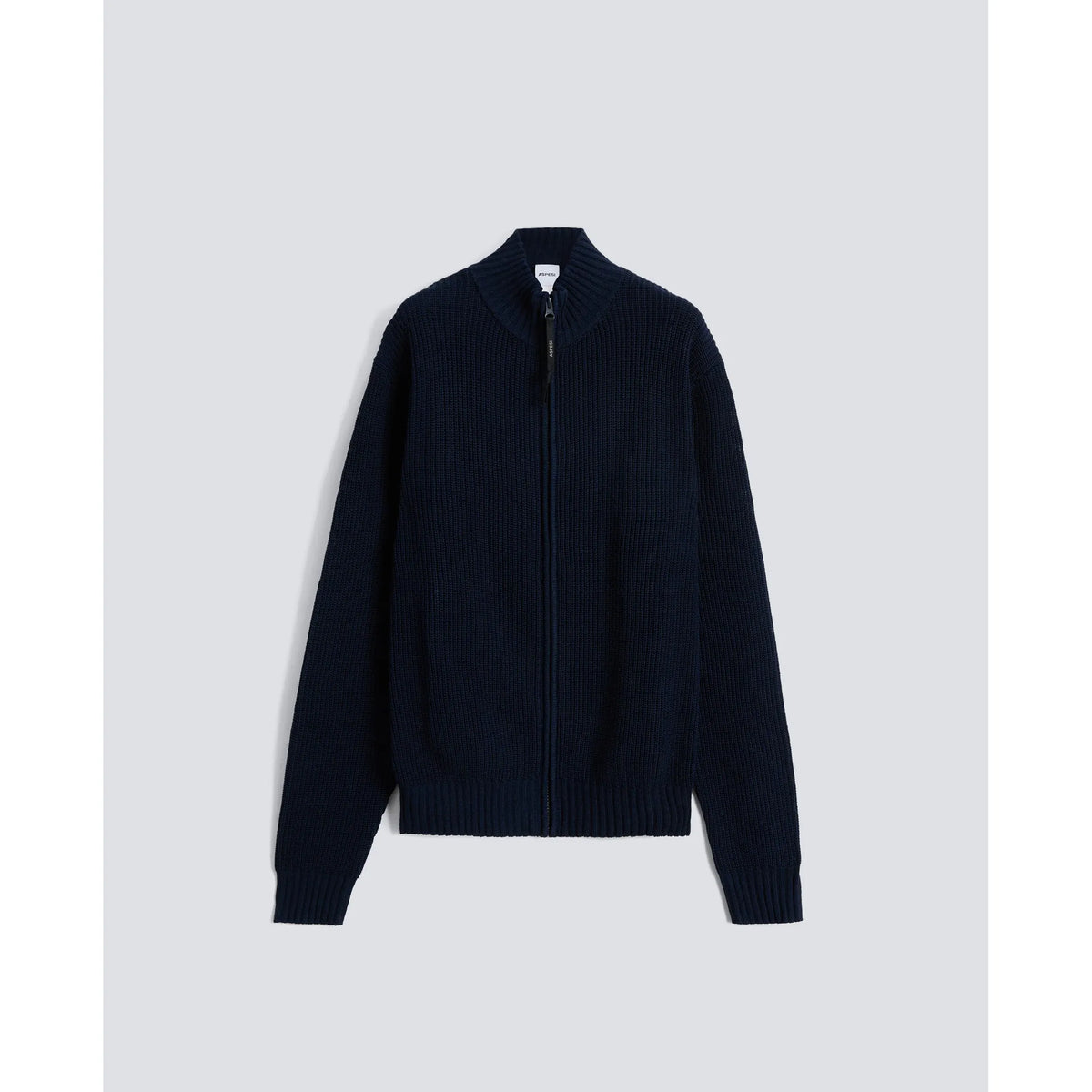 Men's navy cotton-yarn zip-up sweater by Aspesi, featuring a front zipper and ribbed collar, displayed on a plain background.