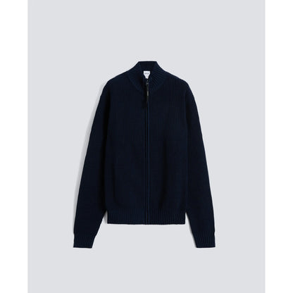 Men's navy cotton-yarn zip-up sweater by Aspesi, featuring a front zipper and ribbed collar, displayed on a plain background.