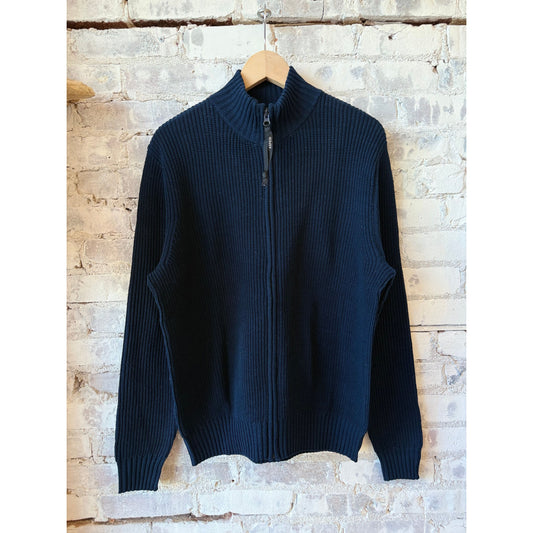 Men's navy cotton-yarn zip-up sweater by Aspesi, showing the front view with a full zipper and ribbed collar.