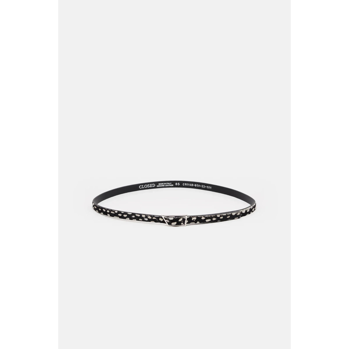 Black and cream cowhide belt for women by Closed Women's, featuring a stylish, textured leather design with a buckle closure.