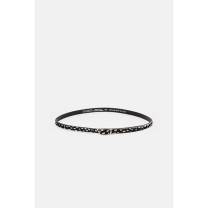 Black and cream cowhide belt for women by Closed Women's, featuring a stylish, textured leather design with a buckle closure.