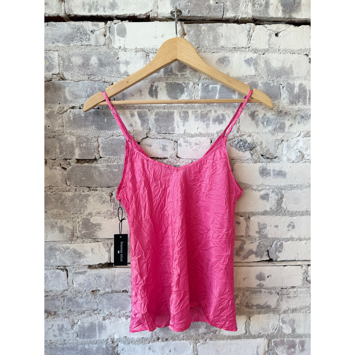 Women's Crinkle Cami top by Brazeau Tricot in bubblegum pink, featuring a textured, crinkled fabric and adjustable straps.
