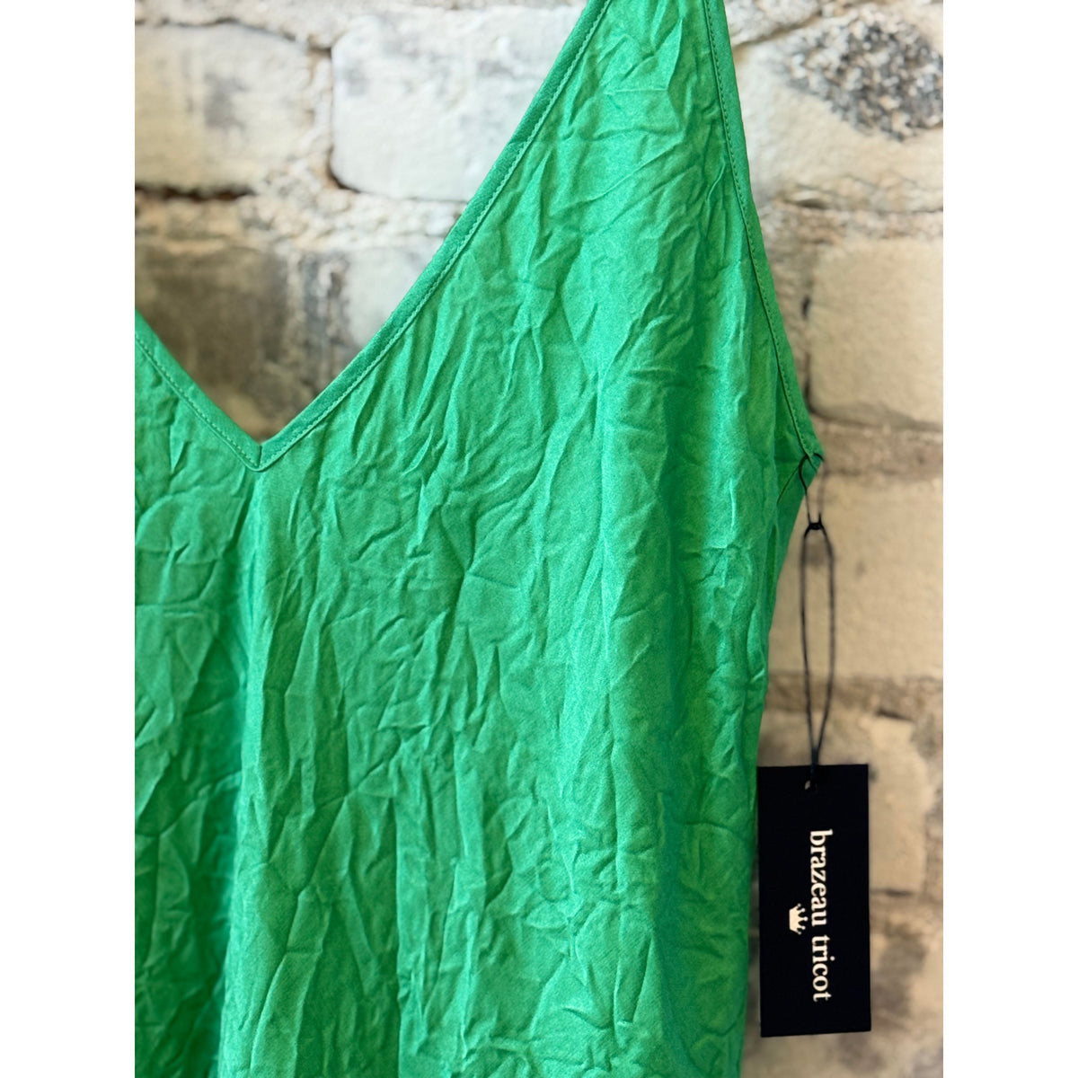 Women's crinkle slip dress by Brazeau Tricot in Mojito color, featuring a lightweight, textured fabric and relaxed fit.