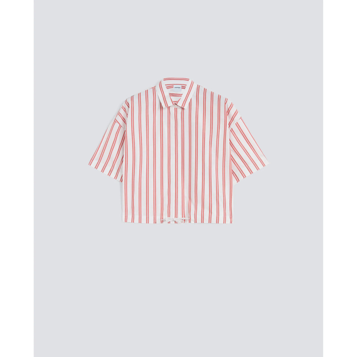 Women's cropped cotton poplin shirt by Aspesi with red stripe pattern, featuring a classic button-up design and short sleeves.