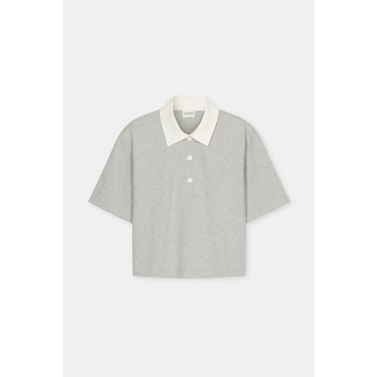 Light grey melange cropped rugby shirt for women by Closed Women's, shown with collar and button details.