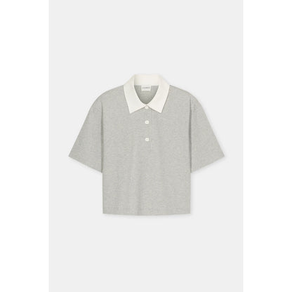 Light grey melange cropped rugby shirt for women by Closed Women's, shown with collar and button details.