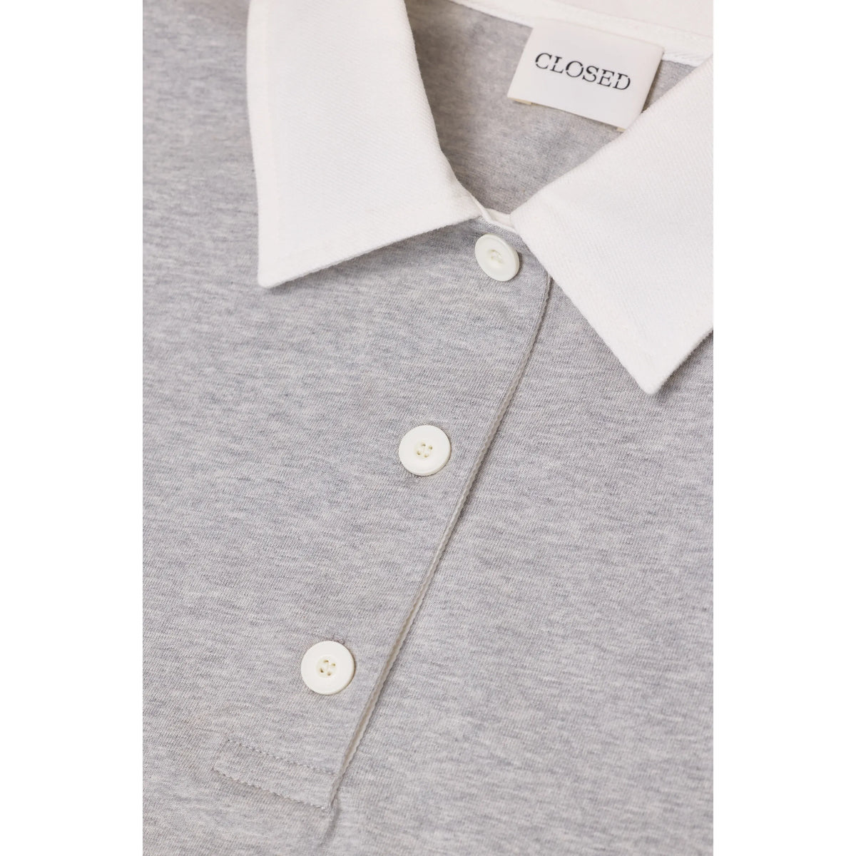 Women's cropped rugby shirt in light grey melange by Closed, showing a relaxed fit and classic rugby collar.