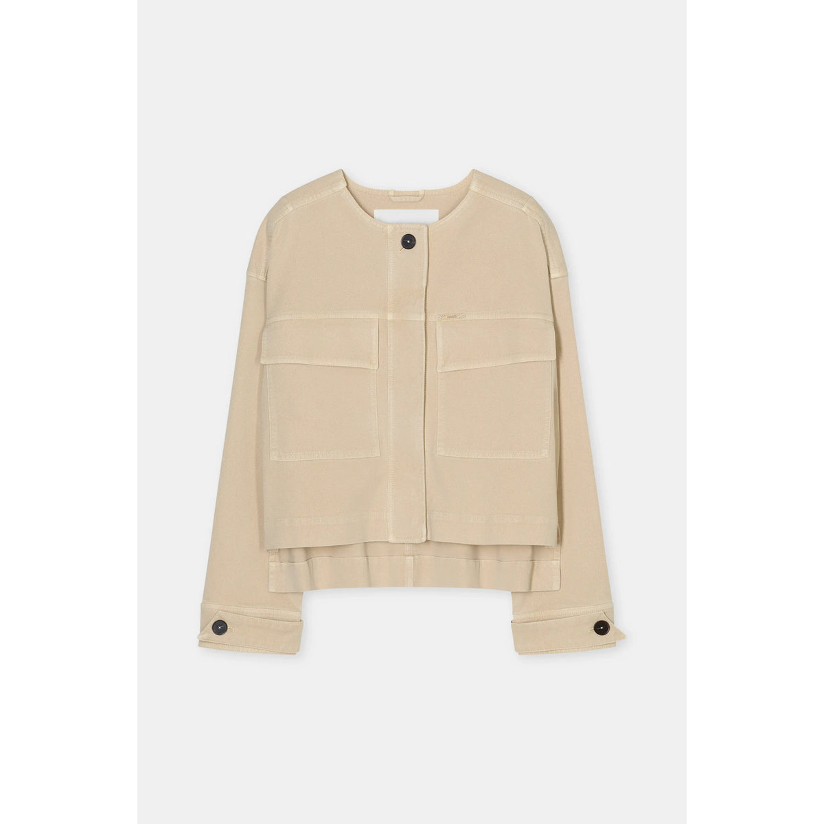 Women's cropped utility jacket in camel beige by Closed, featuring a fitted design and functional pockets.