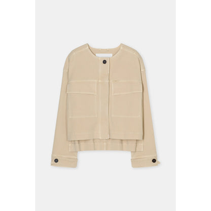 Women's cropped utility jacket in camel beige by Closed, featuring a fitted design and functional pockets.