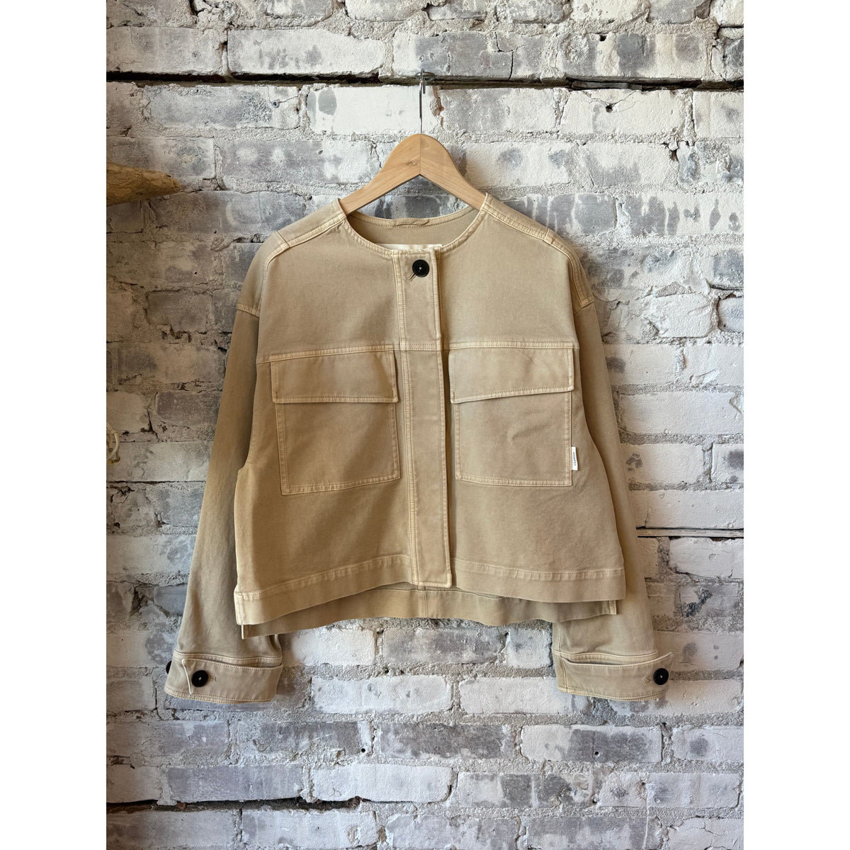 Women's Camel Beige Cropped Utility Jacket by Closed, featuring a stylish, functional design with multiple pockets.