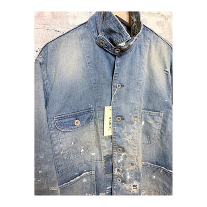 Men's customized indigo denim coverall jacket by H-Unit, featuring a classic fit with visible stitching and front pockets.