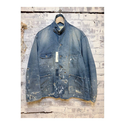 Men's customized indigo denim coverall jacket by H-Unit, featuring fitted design and detailed stitching on a hanger.