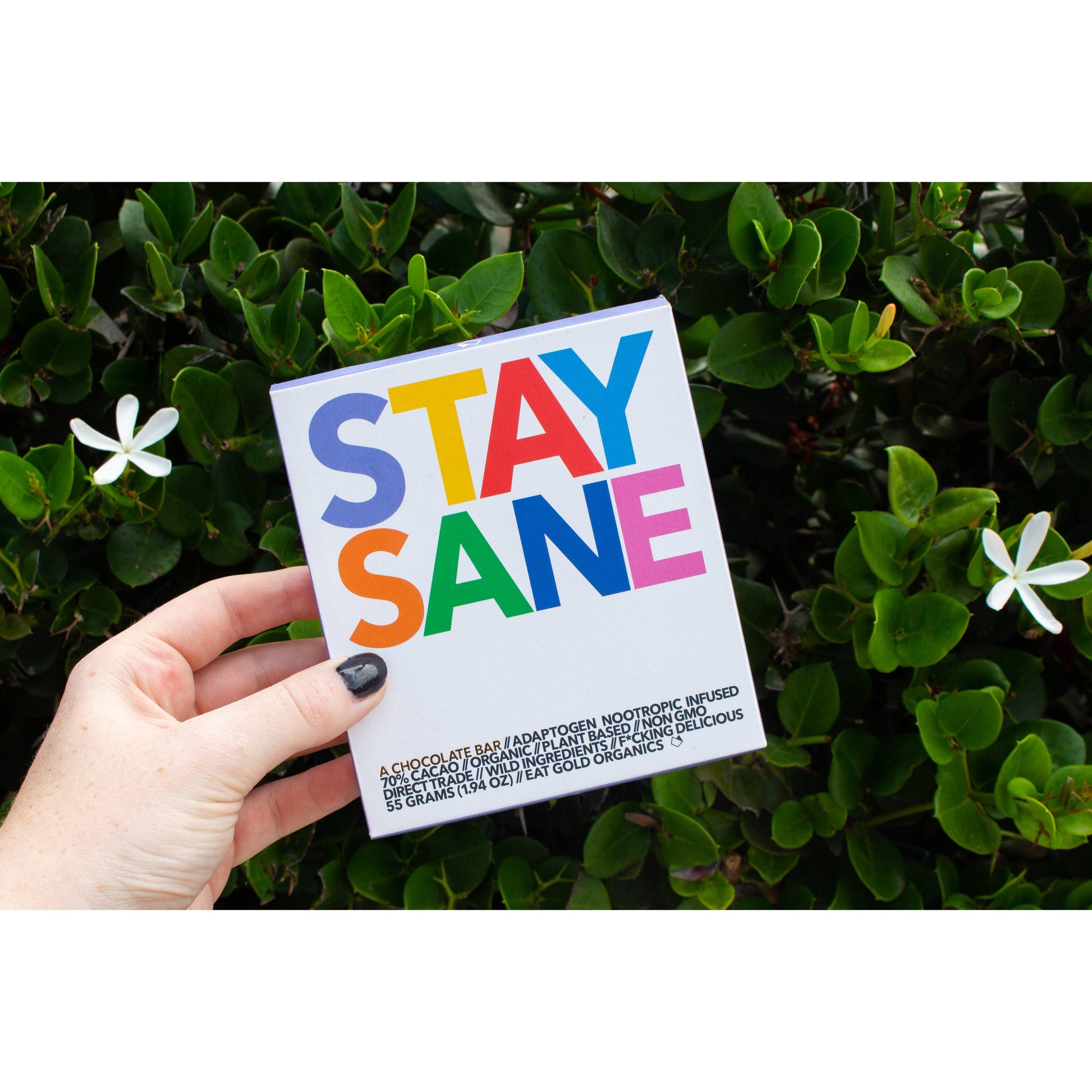 Eat Gold Organics Stay Sane chocolate bar, a delicious and functional accessory with rich chocolate appearance and packaging.