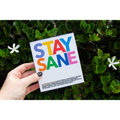 Eat Gold Organics Stay Sane chocolate bar, a delicious and functional accessory with rich chocolate appearance and packaging.