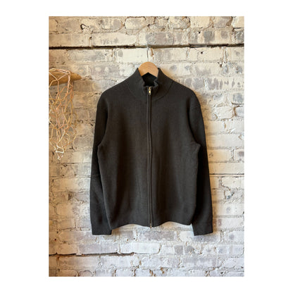Men's NN07 Danny full zip sweater in dark army color, showing the knit fabric and front zipper closure.