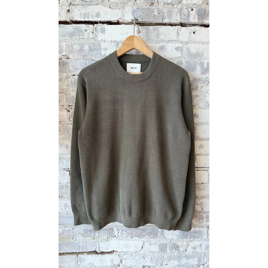 Men's Danny Sweater by NN07, beige capers color, close-up of soft knit fabric and ribbed collar detail.