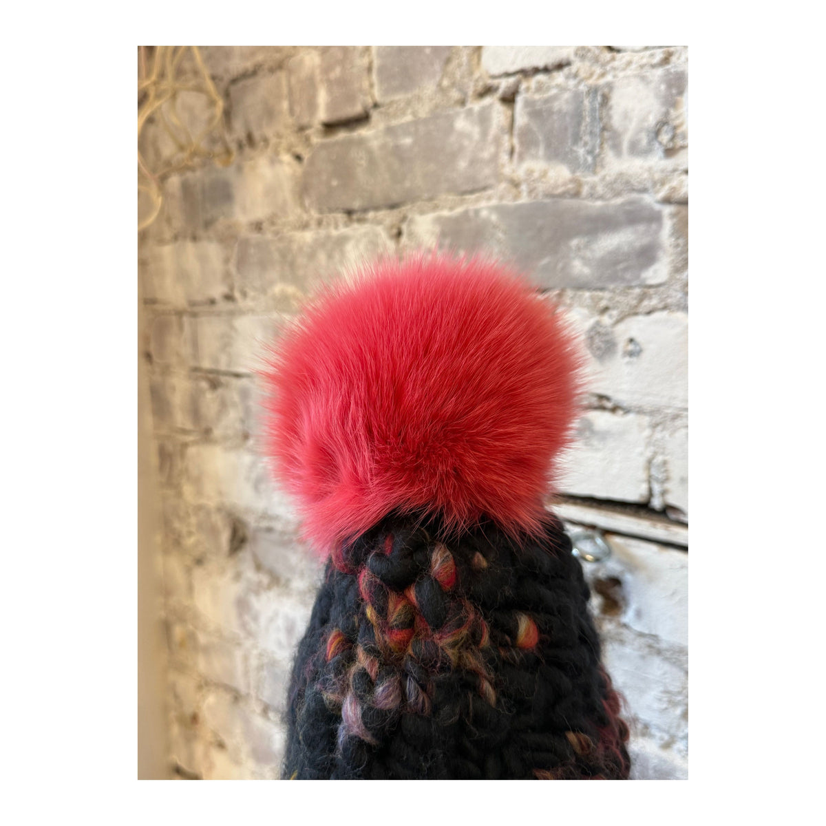 Women's Mischa Lampert Dark Twombly Deep Fro Tri with Coral XL Pom, featuring vibrant colors and textured fabric details.