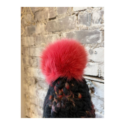 Women's Mischa Lampert Dark Twombly Deep Fro Tri with Coral XL Pom, featuring vibrant colors and textured fabric details.