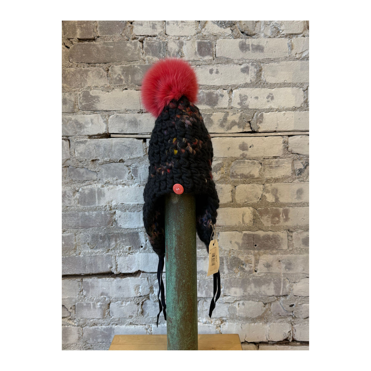 Women's Dark Twombly Deep Fro Tri bikini top with Coral XL Pom by Mischa Lampert, featuring a deep fro design and vibrant coral pom accents.