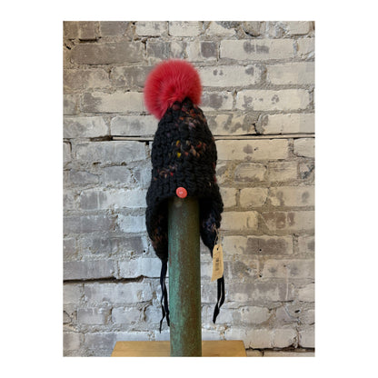 Women's Dark Twombly Deep Fro Tri bikini top with Coral XL Pom by Mischa Lampert, featuring a deep fro design and vibrant coral pom accents.