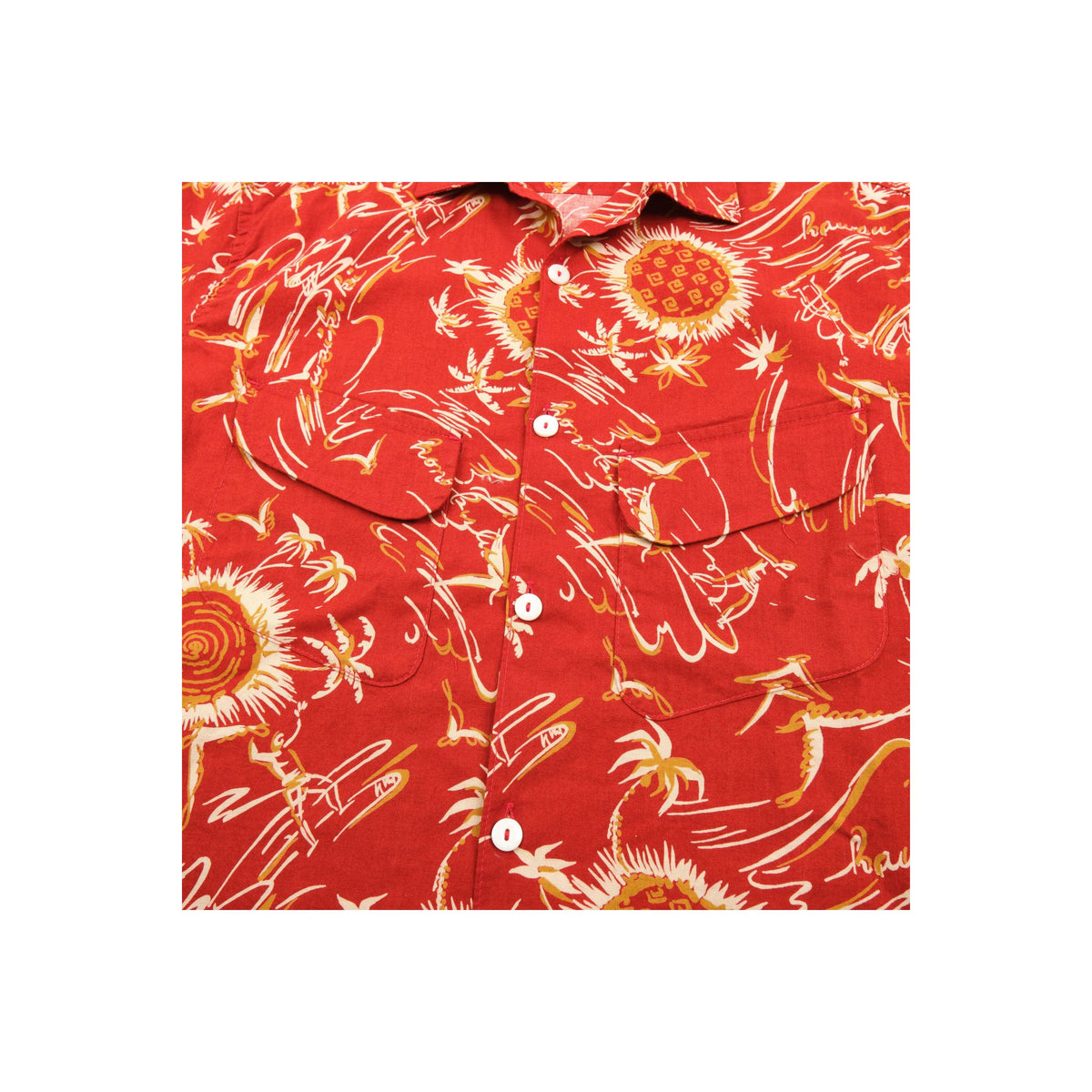 Men's Freenote Cloth Dean Double Pocket SS Shirt in Aloha Red, lightweight cotton with two chest pockets and casual fit.