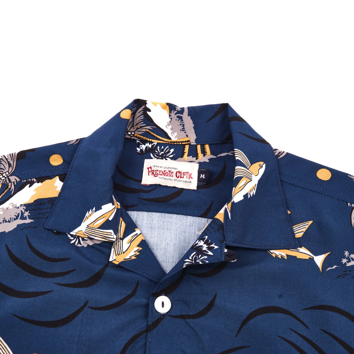 Men's navy Flying Fish Dean Double Pocket SS shirt by Freenote Cloth, showing the front with two chest pockets and casual style.
