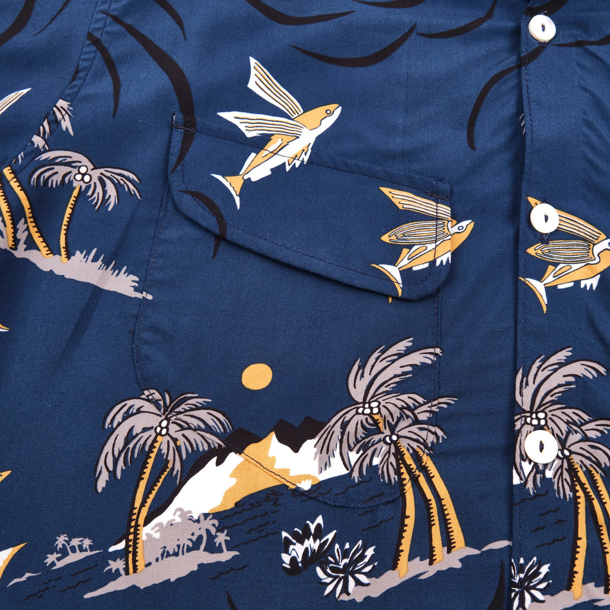 Men's navy flying fish Dean double pocket short sleeve shirt by Freenote Cloth, featuring a casual button-up design with two chest pockets.