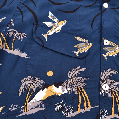 Men's navy flying fish Dean double pocket short sleeve shirt by Freenote Cloth, featuring a casual button-up design with two chest pockets.