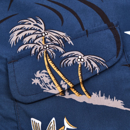 Men's navy flying fish Dean Double Pocket short sleeve shirt by Freenote Cloth, featuring a relaxed fit and double chest pockets.