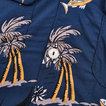 Men's navy flying fish Dean Double Pocket short sleeve shirt by Freenote Cloth, featuring two chest pockets and a casual fit.