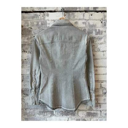 Light grey women's denim shirt by Closed Women's, featuring a classic collar and button-down front, styled on a hanger.