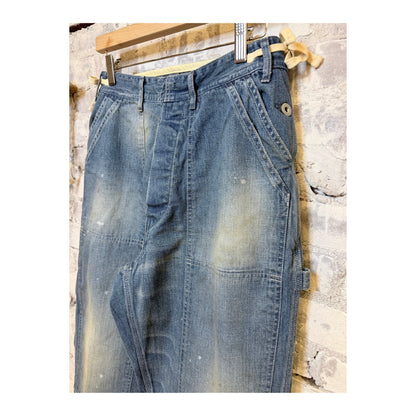 Men's denim painter pants with side openings in used wash by H-Unit, featuring functional pockets and a relaxed fit.