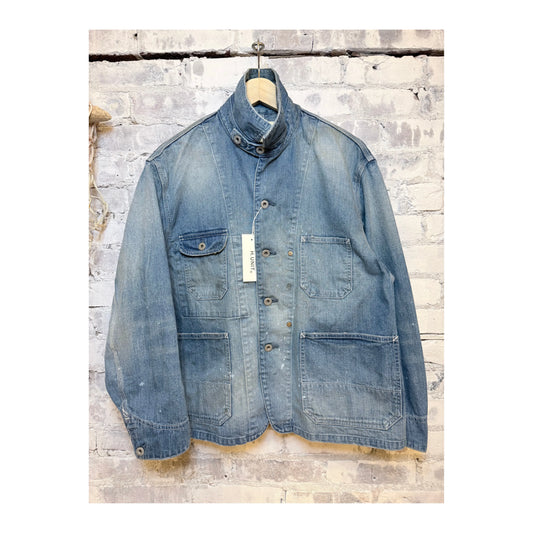 Men's used-wash indigo denim coveralls by H-Unit, featuring a rugged, casual fit with front pockets and durable fabric.