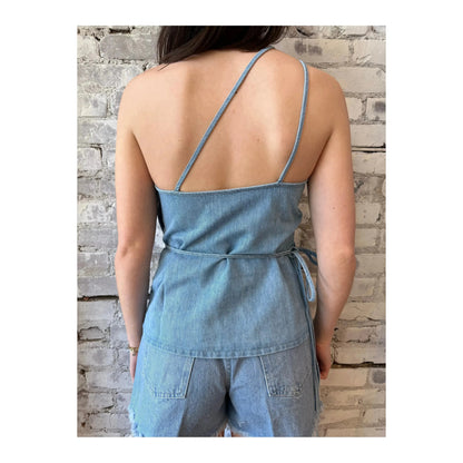 Light blue women's denim wrap top by Closed Women's, showcasing a stylish, fitted design with long sleeves and a flattering wrap silhouette.