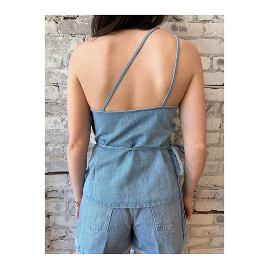 Light blue women's denim wrap top by Closed Women's, showcasing a stylish, fitted design with long sleeves and a flattering wrap silhouette.