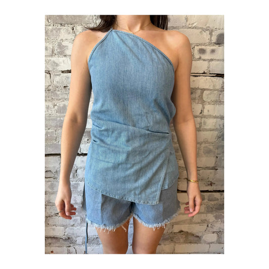 Light blue women's denim wrap top by Closed Women's, featuring a stylish fit and classic denim texture.
