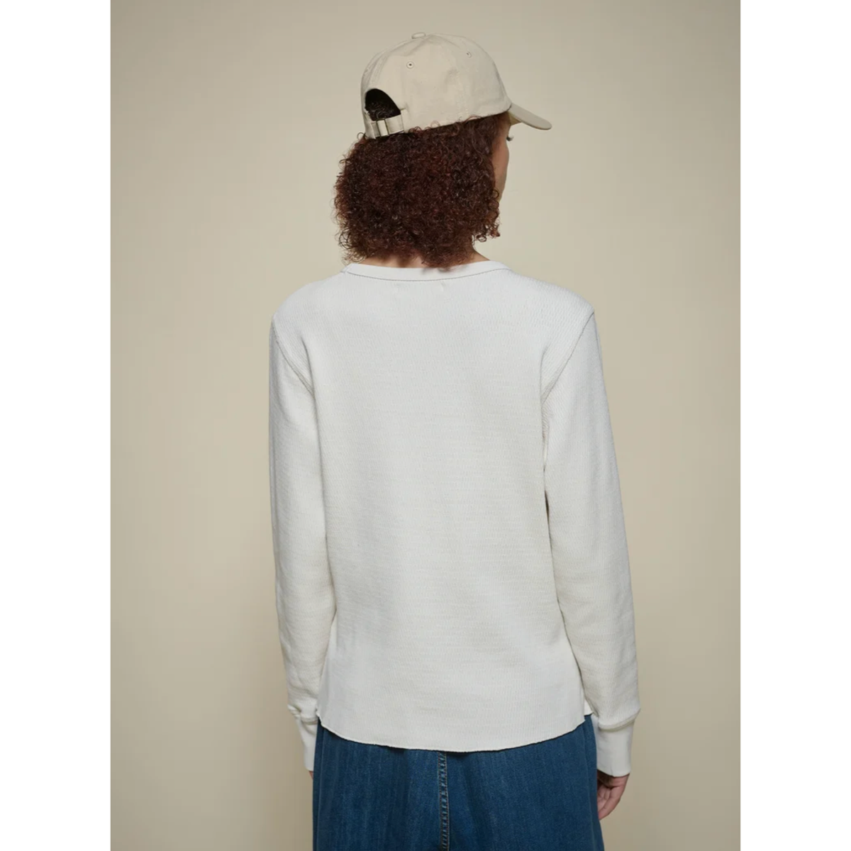Beige diamond-patterned cotton thermal long-sleeve top for women by Merz b. Schwanen, showcasing soft fabric and stylish design.